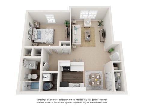 Floor plan for 1 bed, 1 bath, 678 sqft